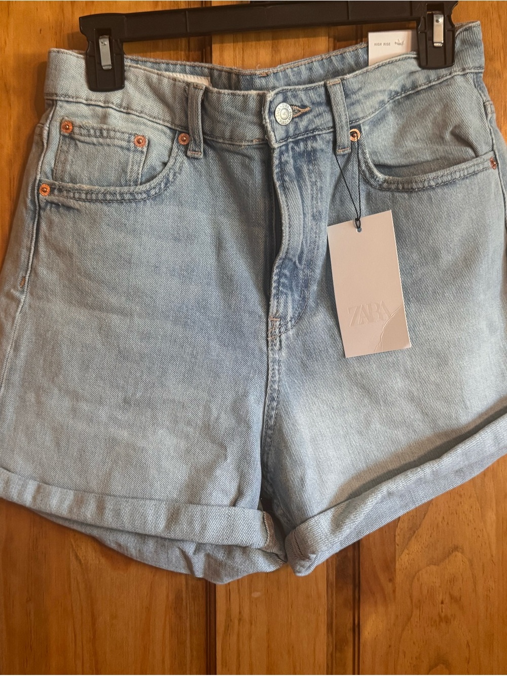 Zara Light Blue High-Waist Rolled Hem Denim Shorts